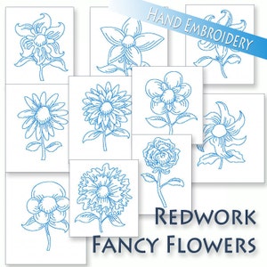 May include: A set of ten blue embroidery designs of various flowers. The designs are labelled "Redwork Fancy Flowers" and "Hand Embroidery".
