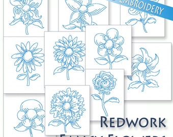 SALE Hand Embroidery Patterns Redwork Designs Fancy Flowers in 4 Sizes PDF Instant Download