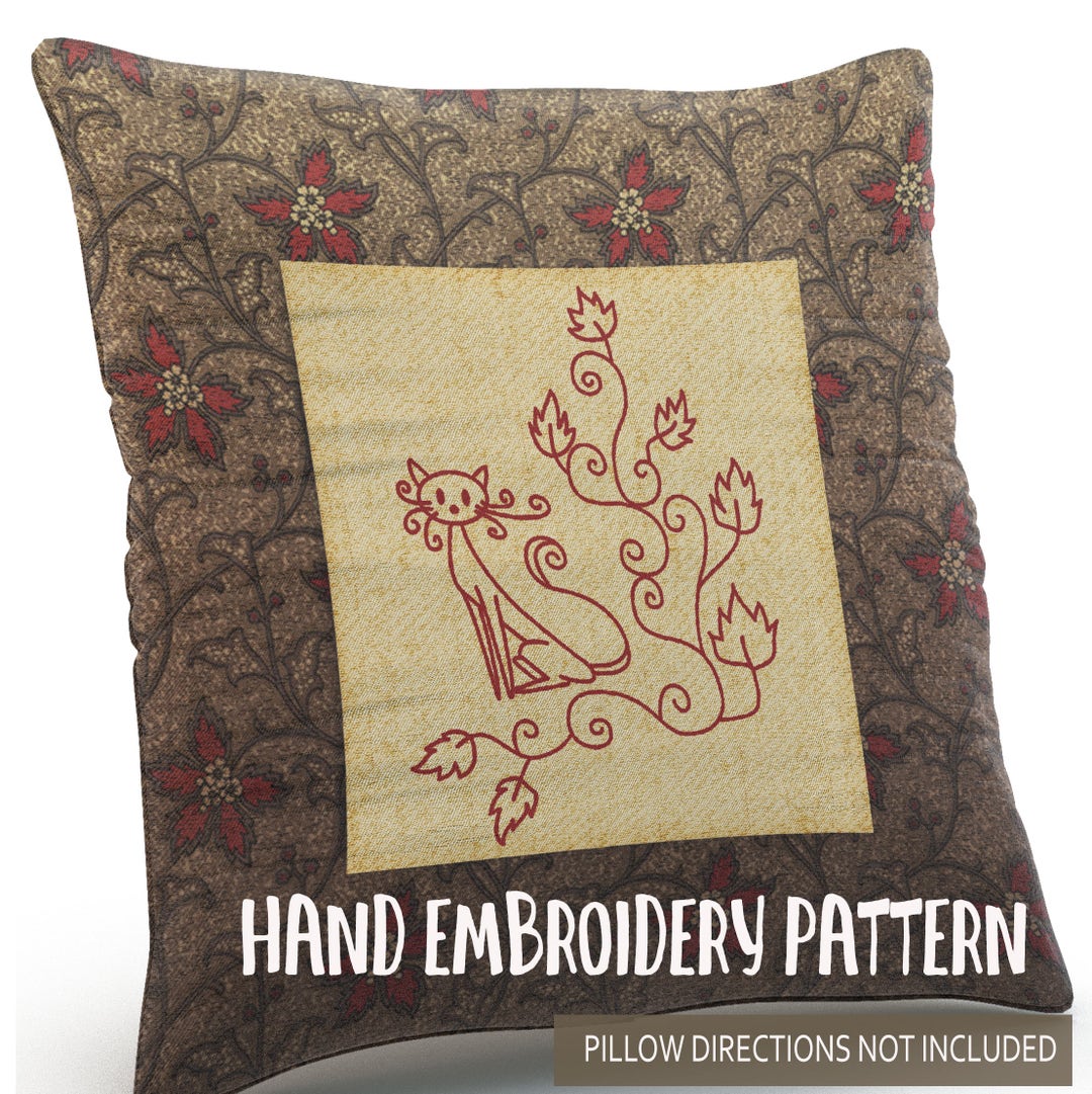 Fall Redwork Patterns Hand Embroidery Pattern - Redwork Design - Cat With Fall Leaves in 4 ...