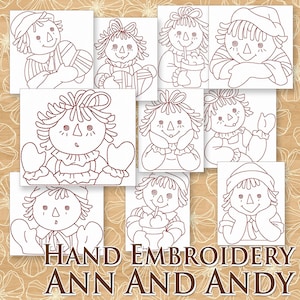 SALE Hand Embroidery Raggedy Ann Patterns Redwork Designs Raggedy Annie and Andy in 4 Sizes PDF Instant Download