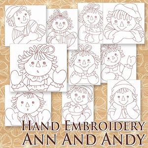 May include: Nine black and white line drawings of rag dolls, each with a different pose and expression. The drawings are arranged in a grid pattern on a brown background. The text "HAND EMBROIDERY ANN AND ANDY" is at the bottom of the image.