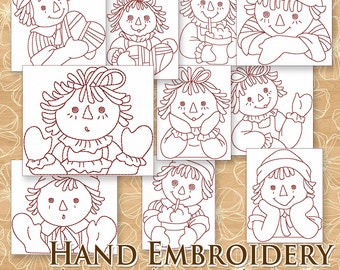 SALE Hand Embroidery Raggedy Ann Patterns Redwork Designs Raggedy Annie and Andy in 4 Sizes PDF Instant Download
