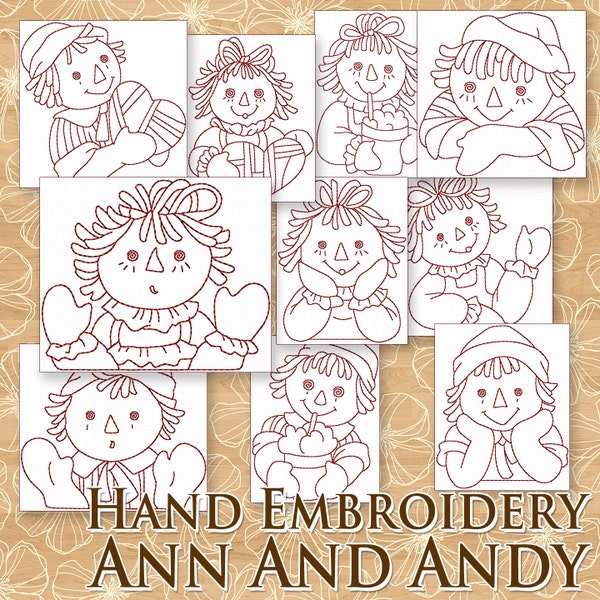SALE Hand Embroidery Raggedy Ann Patterns Redwork Designs Raggedy Annie and Andy in 4 Sizes PDF Instant Download