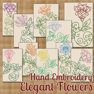 Hand Embroidery Patterns Elegant Flowers in 4 Sizes - PDF Instant Download 10 Designs Kitchen Needlework Teapot Floral Embroidery Designs
