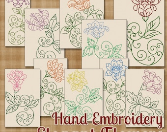 Handborduurpatronen Elegante bloemen in 4 maten - PDF Instant Download 10 ontwerpen Keukenhandwerk Theepot Bloemenborduurontwerpen