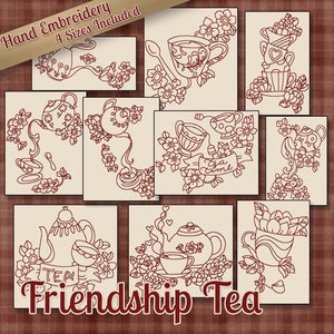 SALE Hand Embroidery Patterns Redwork Designs Friendship Tea in 4 Sizes PDF Instant Download Teapots Teacups Kitchen Towel Dishcloth