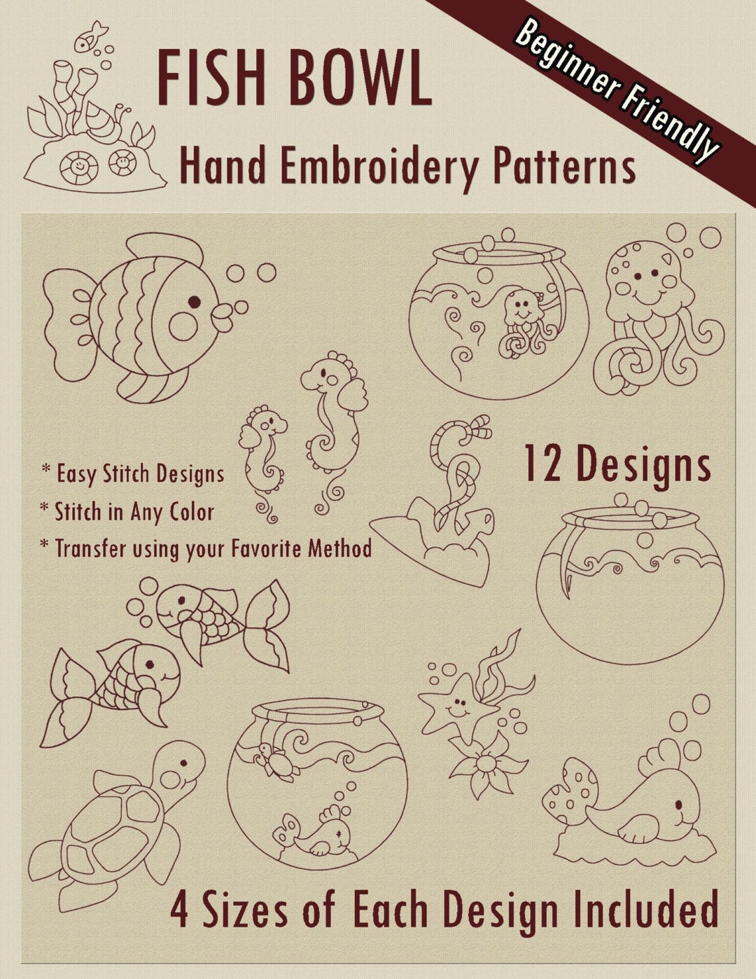 SALE Hand Embroidery Patterns Fish Bowl Redwork in 4 Sizes PDF Instant ...