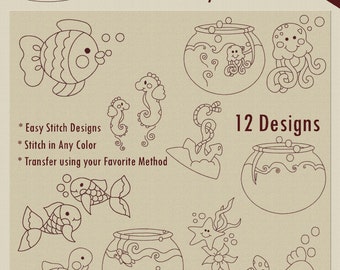 SALE Hand Embroidery Patterns Fish Bowl Redwork in 4 Sizes PDF Instant Download 12 Designs aquarium octopus starfish seahorse goldfish
