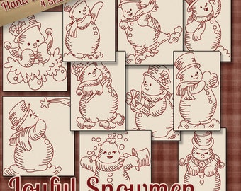 SALE Hand Embroidery Patterns Redwork Designs Joyful Snowmen in 4 Sizes PDF Instant Download Snow, Snowman, Winter, Christmas, Holiday