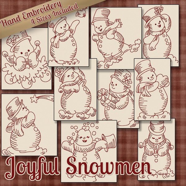 SALE Hand Embroidery Patterns Redwork Designs Joyful Snowmen in 4 Sizes PDF Instant Download Snow, Snowman, Winter, Christmas, Holiday