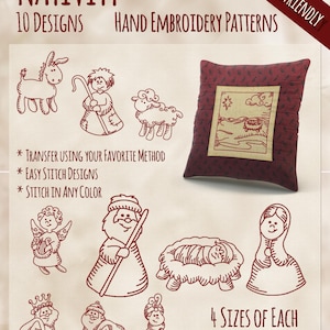 Op de afbeelding: Een set van 10 hand-borduurpatronen met een kerststal. De patronen omvatten een ezel, een herder, een schaap, een engel, een wijze man, een kribbe met baby Jezus en een vrouw. De tekst "Nativity 10 Designs Hand Embroidery Patterns" staat bovenaan de afbeelding. De tekst "Beginner Friendly" staat rechtsboven in de afbeelding. De tekst "4 Sizes of Each Design Included" staat onderaan de afbeelding.