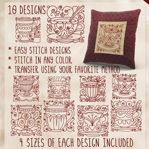 SALE Hand Embroidery Patterns Teacup Blocks Hand Embroidery Patterns in 4 Sizes PDF Instant Download 10 Designs kitchen towel teapot