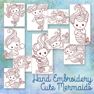 SALE Handstickmuster Redwork Designs Süße Meerjungfrauen in 4 Größen PDF Sofort Download