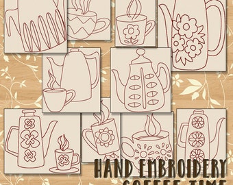 SALE Hand Embroidery Patterns Coffee Time in 4 Sizes PDF Instant Download 10 Designs Kitchen Needlework Teapot Retro Embroidery Designs