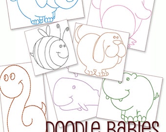 SALE Hand Embroidery Patterns Redwork Designs  Doodle Babies in 4 Sizes PDF Instant Download Baby Bee Snake Dog Whale Hippo Elephant