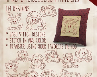 SALE Hand Embroidery Patterns Winter Peekers Redwork in 4 Sizes PDF Instant Download 14 Designs Instant Download