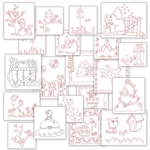 VERKOOP leuke handborduurpatronen Redwork Designs 20 ontwerpen in 4 maten PDF Instant Download vogels, sneeuwpoppen, hond, Sunbonnet, bloemen