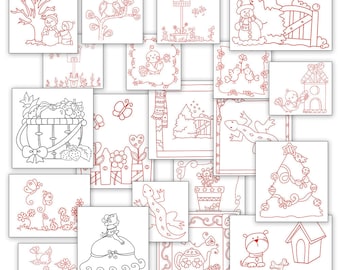 SALE Fun Hand Embroidery Patterns Redwork Designs 20 Designs in 4 Sizes PDF Instant Download BIrds, Snowmen, Dog, Sunbonnet, Flowers