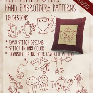 Pode incluir: Um conjunto de 10 padrões de bordado à mão com motivos de hora do chá. Os padrões incluem um bule, xícaras de chá, cupcakes e outros itens relacionados ao chá. Os padrões são fáceis para iniciantes e vêm em 4 tamanhos. "TEA TIME MOTIFS" e "HAND EMBROIDERY PATTERNS" estão escritos em vermelho na parte superior da imagem. "10 DESIGNS" está escrito em vermelho abaixo do título. "BEGINNER FRIENDLY" está escrito em vermelho na diagonal no canto superior direito da imagem.  "EASY STITCH DESIGNS", "STITCH IN ANY COLOR", e "TRANSFER USING YOUR FAVORITE METHOD" estão escritos em vermelho abaixo dos desenhos. "4 SIZES OF EACH DESIGN INCLUDED" está escrito em vermelho na parte inferior da imagem.