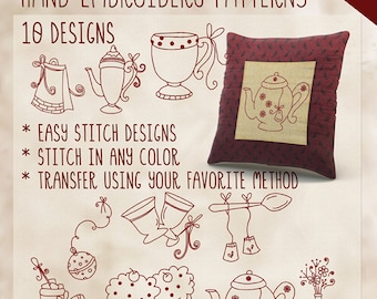 SALE Hand Embroidery Patterns Tea Time Motifs Redwork in 4 Sizes PDF Instant Download 10 Designs Instant Download