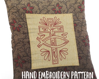 Hand Embroidery Pattern - Redwork Design - Faith and Devotion #4 in 4 Sizes - PDF Instant Download - Christian Cross Good for Doodle Drawing