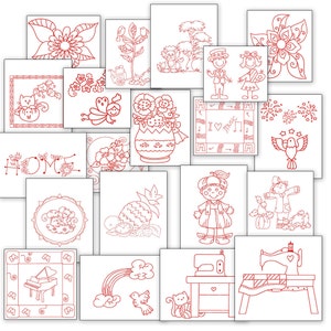 May include: A set of 16 red line drawings of various designs, including flowers, birds, a house, a piano, a sewing machine, a rainbow, and a pineapple. The drawings are on a white background.