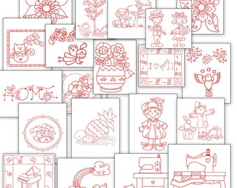 SALE Fun Hand Embroidery Patterns Redwork Designs 20 Designs in 4 Sizes PDF Instant Download Flowers, Holidays, Angels, Scarecrow, Sewing