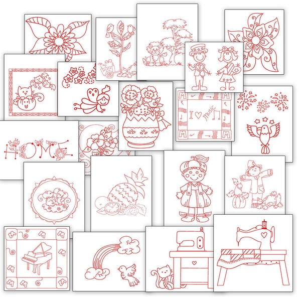 SALE Fun Hand Embroidery Patterns Redwork Designs 20 Designs in 4 Sizes PDF Instant Download Flowers, Holidays, Angels, Scarecrow, Sewing