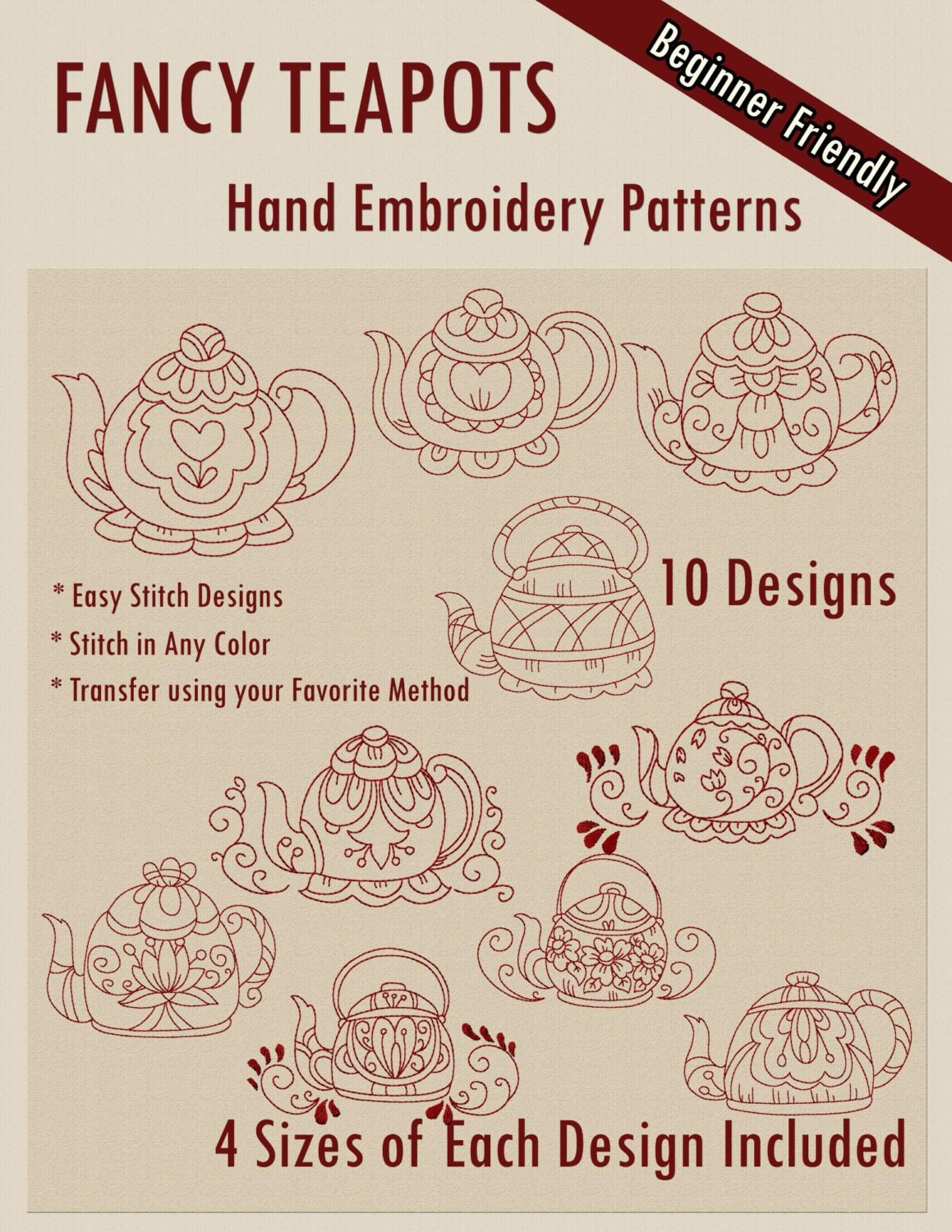SALE Hand Embroidery Patterns Fancy Teapots in 4 Sizes PDF | Etsy