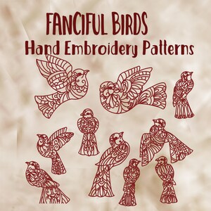 SALE Hand Embroidery Patterns Fanciful Birds in 4 Sizes PDF Instant Download 10 Designs for Kitchen Quilting Embroidery Designs