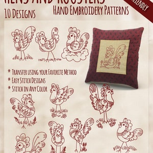 SALE Hand Embroidery Patterns Redwork Designs Hens &amp; Roosters in 4 Sizes PDF Instant Download Chickens Barn / Farm Animals