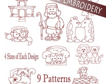 SALE Hand Embroidery Patterns Redwork Designs Noah's Ark and Animals in 4 Sizes PDF Instant Download