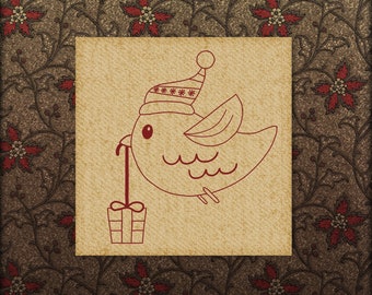 Hand Embroidery Pattern - Redwork Design - Bird with Gift in 4 Sizes - PDF Instant Download - Good for Doodle Drawing