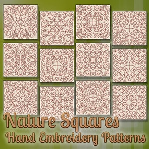 SALE Hand Embroidery Patterns Redwork Designs Nature Squares in 4 Sizes PDF Instant Download