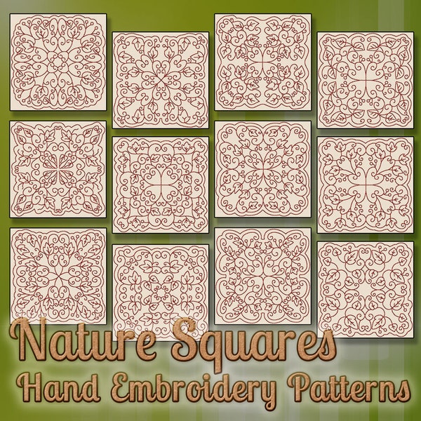 VENTA Patrones de bordado a mano Diseños Redwork Cuadrados de la naturaleza en 4 tamaños PDF Descarga instantánea