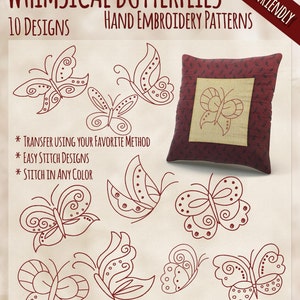 SALE Hand Embroidery Butterfly Patterns Redwork Designs Whimsical Butterflies in 4 Sizes PDF Instant Download