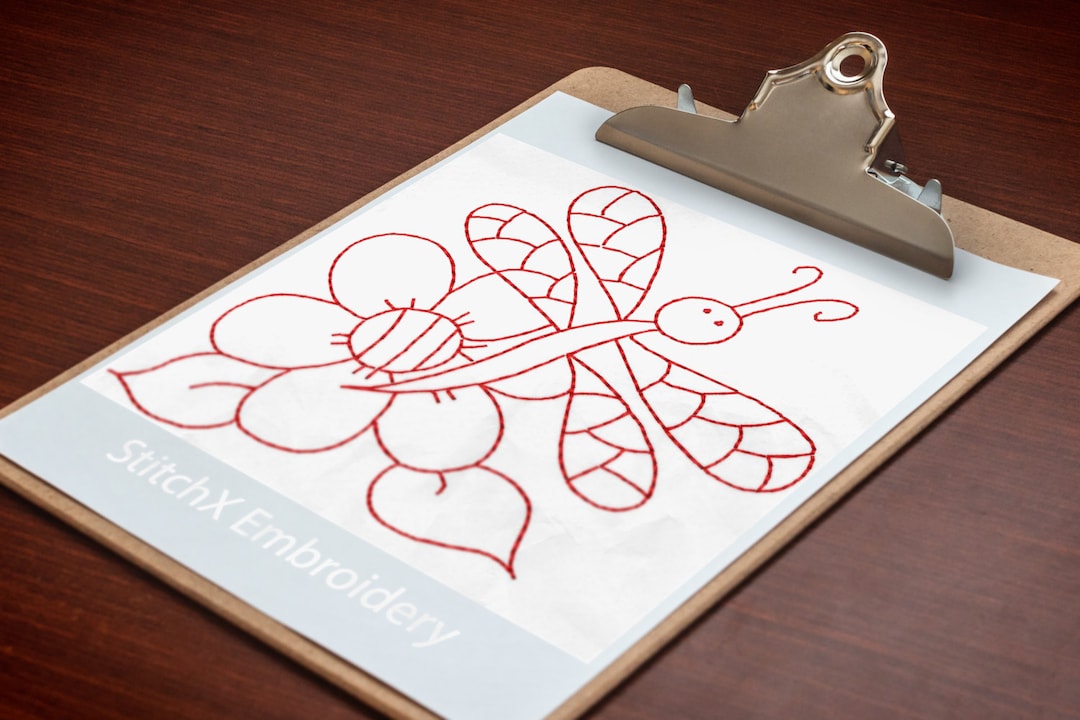 Hand Embroidery Patterns - Redwork Designs - Dragonfly and Flower in 4 ...