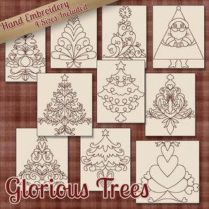 SALE Hand Embroidery Patterns Redwork Designs Glorious Trees in 4 Sizes PDF Instant Download Snow, Snowman, Winter, Christmas, Holiday