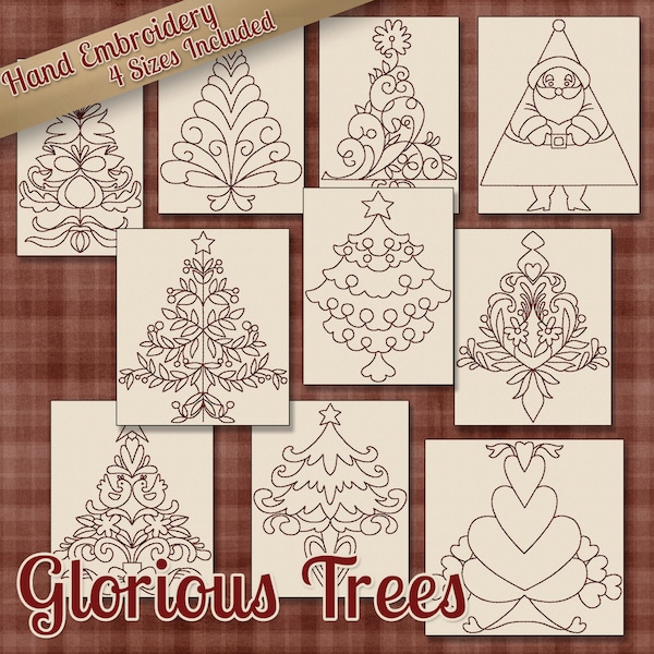 SALE Hand Embroidery Patterns Redwork Designs Glorious Trees in 4 Sizes PDF Instant Download Snow, Snowman, Winter, Christmas, Holiday