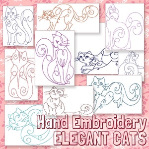May include: A set of nine hand embroidery patterns featuring elegant cats in various poses. The patterns are outlined in black and white and are perfect for embroidery projects.