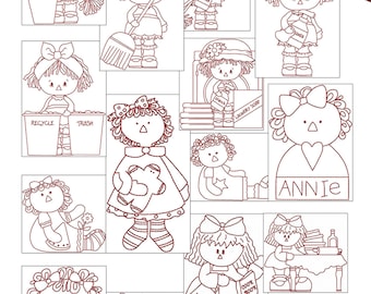 SALE Hand Embroidery Patterns Redwork Annie Designs Raggedy Ann in 4 Sizes PDF Instant Download