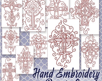 SALE Hand Embroidery Patterns Redwork Designs Ornate Crosses in 4 Sizes PDF Instant Download