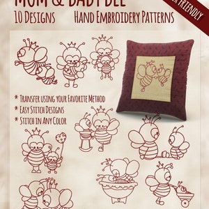 SALE Hand Embroidery Patterns Mom and Baby Bee Redwork in 4 Sizes PDF Instant Download 10 Designs