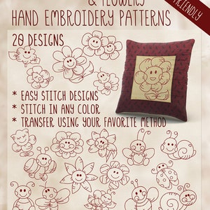 Può includere: Un set di 20 motivi di ricamo a mano con insetti e fiori sorridenti. I motivi sono facili da ricamare e possono essere realizzati in qualsiasi colore. I disegni sono disponibili in quattro dimensioni. L'immagine include il testo "Smiling Bugs & Flowers", "Beginner Friendly", "Hand Embroidery Patterns", "20 Designs", "Easy Stitch Designs", "Stitch in Any Color", "Transfer Using Your Favorite Method", and "4 Sizes of Each Design Included".