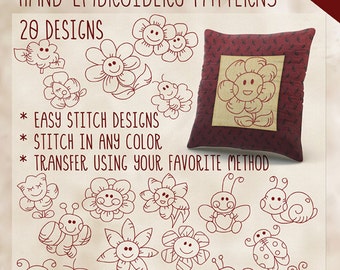 SALE Hand Embroidery Patterns Smiling Bugs and Flowers Redwork in 4 Sizes PDF Instant Download 20 Designs Instant Download