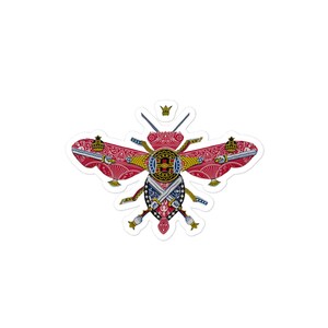 May include: A red, white, and blue bee sticker with a crown on its head. The bee is made of playing cards and has swords for legs.