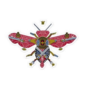 May include: A red, white, and blue bee-shaped sticker made from playing cards. The bee has a crown on its head and swords for legs. The bee's body is made from the Queen of Hearts card.