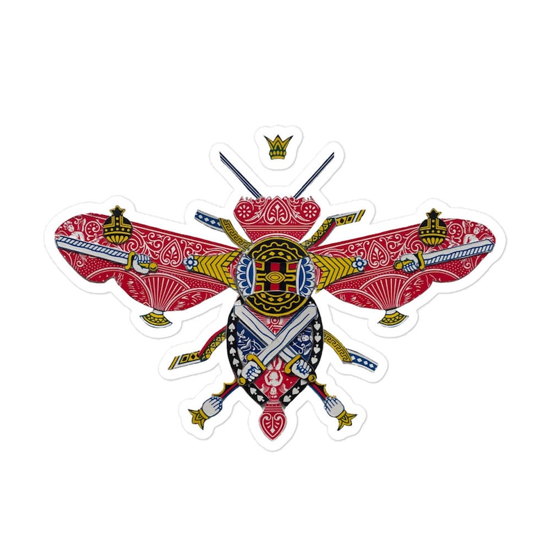 May include: A red, white, and blue bee-shaped sticker made from playing cards. The bee has a crown on its head and swords for legs. The bee's body is made from the Queen of Hearts card.