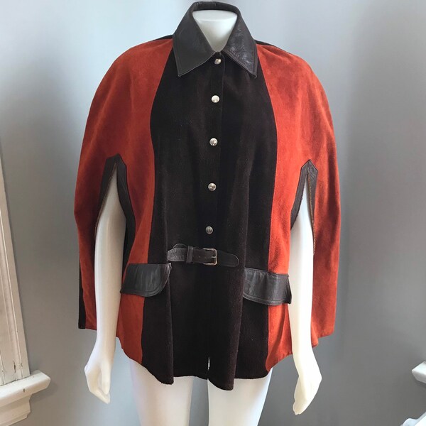 1970's Women's Suede And Leather Poncho, Size Medium, Orange & Brown Suede Panels, Brown Leather Collar And Trim, Slit Arm Openings