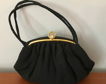 Vintage 1950s Julius Resnick Black Pleated Fabric Handbag With 